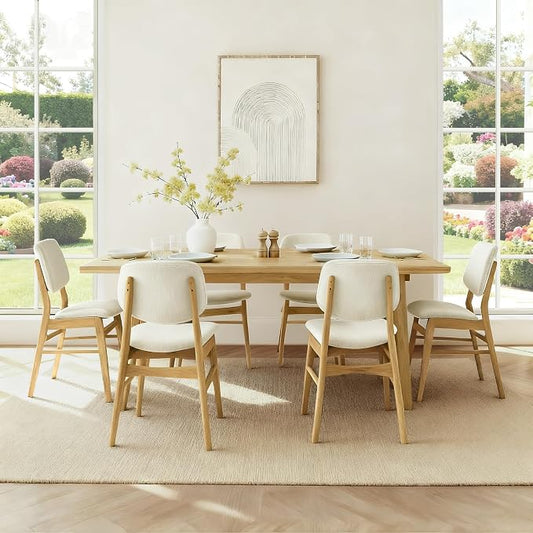 KISLOT Wooden Dining Chairs Set of 6, Upholstered Modern Dining Room Chairs, Mid Century Solid Oak Wood Kitchen Chairs for Farmhouse, Restaurant, Café (Cream Fabric & Original Color)