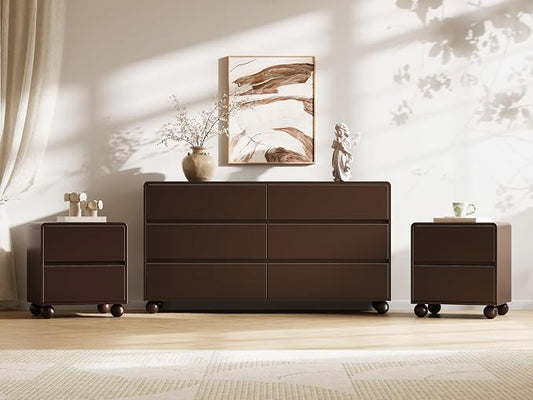 MAISONARIA Mid-Century 3-Piece Dresser Bedroom Set, 6 Drawer Dresser & 2 Drawer Nightstands with Curved Profile Design & Handle Free, Wood Chest of Drawers for Bedroom, Living Room, Hallway, Brown