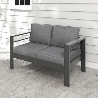 Kiss the Water Loveseat Aluminum Outdoor Patio Sofa Set, All Weather Rust-Proof Metal Patio Couch, Modern Outdoor Furniture for Backyard Porch Garden, 5" Thick Waterproof Olefin Cushions, Light Grey