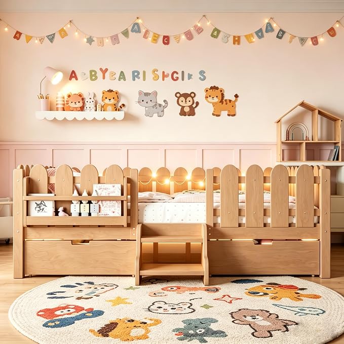 Bellemave Queen Size Platform Bed with Storage Drawers & Bookshelf for Boys Girls, Kids Queen Bed Frame with LED Lights & Stairs for Children's Room, Natural