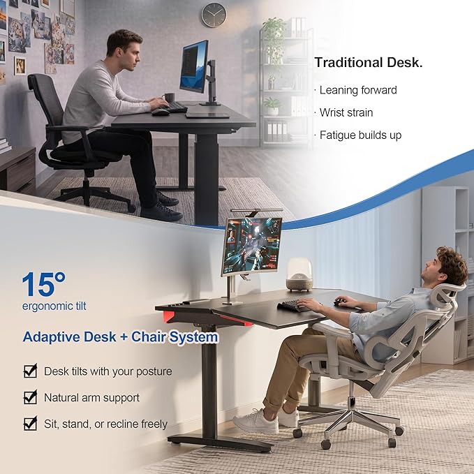 Electric Standing Desk 55” with 15° Tilting Desktop, Sit Stand Ergonomic Desk for Home Office & Gaming, 4 Motor Adjustable Desk, Memory Presets & Cable Management Black