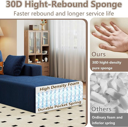 95" Cloud Sectional Couch U-Shaped Chaise with Ottoman, Corduroy Boneless Couch for Living Room Bedroom, Deep-Seat Upholstered Modular Cloud Sofa, No Assembly Required (Blue, Right Facing Chaise)