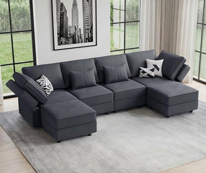 Vesgantti Sectional Couches with Storage Seats, 118" L Shaped Convertible Modular Sectional Sofa, 4 Seat & 2 Ottomans Velvet Storage Chaises Deep Seat Couch for Living Room, Bedroom, Apartment, Gray