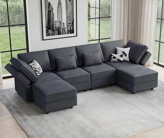 Vesgantti Sectional Couches with Storage Seats, 118" L Shaped Convertible Modular Sectional Sofa, 4 Seat & 2 Ottomans Velvet Storage Chaises Deep Seat Couch for Living Room, Bedroom, Apartment, Gray