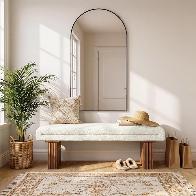 Solid Wood Entryway Bench, 47" Farmhouse End of Bed Bench, Ottoman Indoor Bench with Cushion, Upholstered Window Bench for Entryway, Living Room, White & Brown
