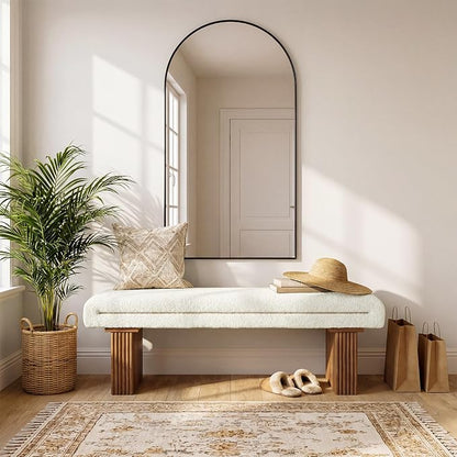 Solid Wood Entryway Bench, 47" Farmhouse End of Bed Bench, Ottoman Indoor Bench with Cushion, Upholstered Window Bench for Entryway, Living Room, White & Brown