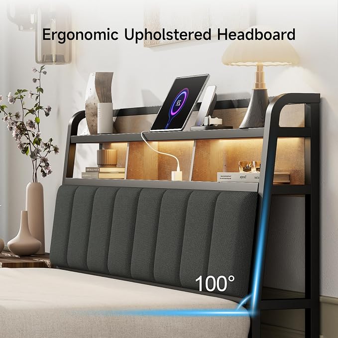 Queen Headboard Only with Storage, Upholstered Headboards for Queen Size Bed with LED Light, Charging Station, Height Adjustable, Sturdy and Stable Headboard, Black & Brown