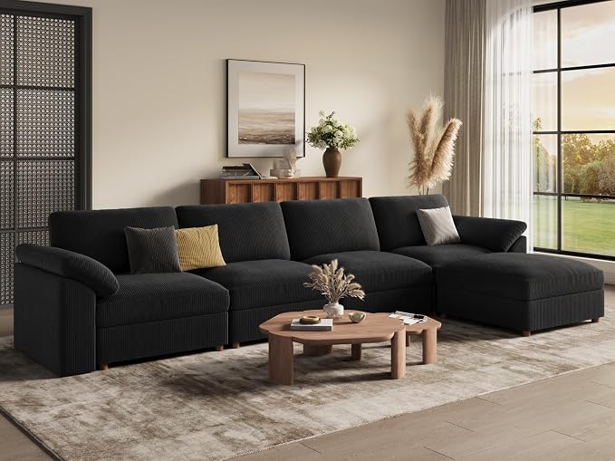 EASE MOOSE Oversized Black Sectional Modular Sofa with Ottoman, Large Comfty L Shape Sectional Deep Modular Sofa,Cloud Couch for Living Room,Removable Cover
