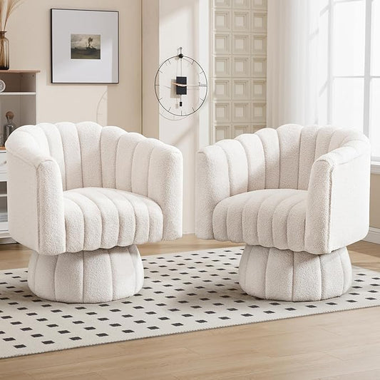 Swivel Accent Barrel Chair Set of 2- Cute Comfy Small Round 360° Arm Chair Teddy Sofa Club Reading Chair for Living Room Bedroom Office White