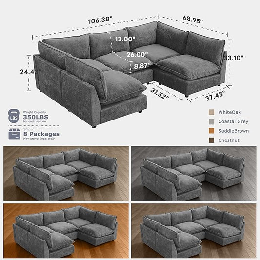 Iroomy Modular Sectional Sofa, Oversized Chenille Cloud Couch, Deep Comfy Seat, 5-Seater Sofas Couches for Living Room, Dark Grey
