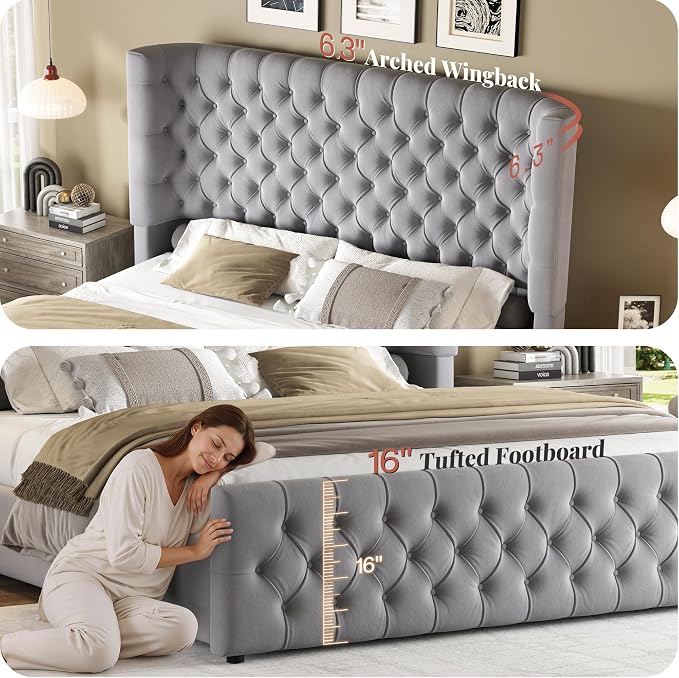 Jocisland Queen Size Upholstered Bed Frame with 6.3-Inch Curved Wingback Headboard, Tufted Footboard, Wood Slats, No Box Spring Needed, Light Grey Velvet