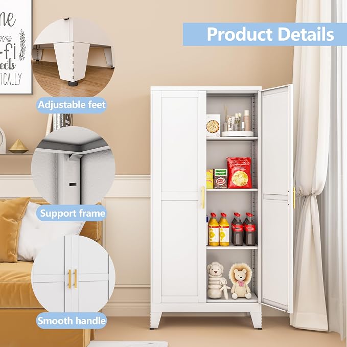 White Metal Storage Cabinet, 48" Steel Cabinets for Home Office | Kitchen Pantry Storage Cabinet with Doors and 3 Adjustable Shelves, for Office, Home, Garage, School
