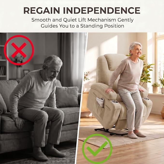 Flamaker Power Lift Chair Massage Recliner Chairs for Elderly - Ergonomic Design with Cup Holders & Side Pockets, Remote Control (Beige)