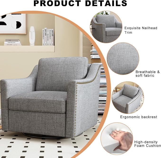 Swivel Accent Chair，Armchair，Bronze Nail Decoration Comfy Living Room Chair,Single Sofa Chair，Reading Chairs,for Living Room Bedroom Reading Apartment (Gray, 1 Gray)
