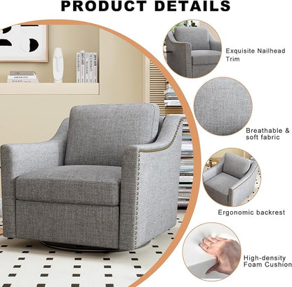 Swivel Accent Chair，Armchair，Bronze Nail Decoration Comfy Living Room Chair,Single Sofa Chair，Reading Chairs,for Living Room Bedroom Reading Apartment (Gray, 1 Gray)