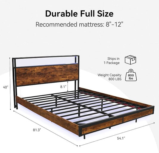 BedsPick Full Size Bed Frame with 2-Tier Storage Headboard, Metal Platform Bed Frame Full with Smart LED Lights & USB Charging Station, Noise-Free/Metal Support/No Box Spring Needed, Brown