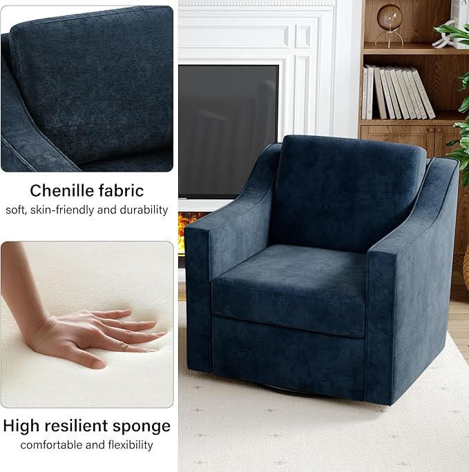 Swivel Accent Chair Set of 2, Modern Round Barrel Arm Chair for Living Room, Bedroom, Comfy Club Reading Chairs for Adults, Chenille Navy Blue