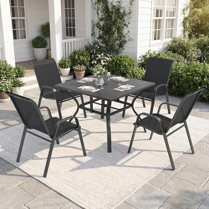 Outdoor Dining Set for 4,5pcs Patio Table and Chairs Set with Adjustable Umbrella Hole,37.8”x37.8” Square Metal Outdoor Table and Stackable Patio Chair for Yard, Garden, Porch