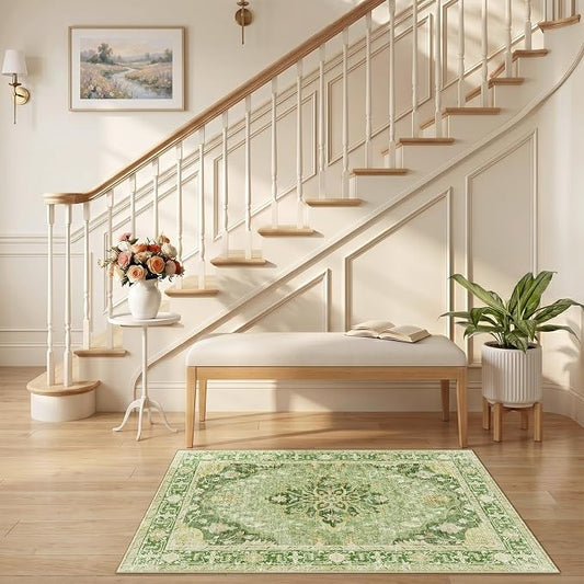 RELEANY Area Rugs Small 2'6"x4' Washable Non-Slip, Floral Vintage Distress Medallion Carpet for Kitchen Entryway Bathroom, Sage Green Yellow