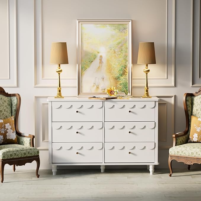 Anbuy 3 Pcs Bedroom Sets, Scalloped 6 Drawer Dresser and Night Stand Sets for Bedroom, Two Drawers Nightstand Set of 2 & 6 Drawer Dresser Combo 3 Pieces (White)