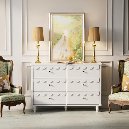 Anbuy 3 Pcs Bedroom Sets, Scalloped 6 Drawer Dresser and Night Stand Sets for Bedroom, Two Drawers Nightstand Set of 2 & 6 Drawer Dresser Combo 3 Pieces (White)