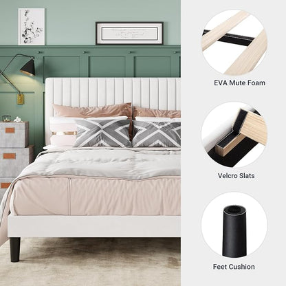Allewie King Bed Frame, Velvet Upholstered Platform Bed with Adjustable Vertical Channel Tufted Headboard, Mattress Foundation with Strong Wooden Slats, Box Spring Optional, Easy Assembly, Off-White