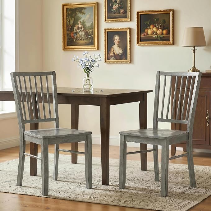 HOMCOM Farmhouse Dining Chairs Set of 2, Ergonomic Solid Wood Armless Kitchen Chairs with Rubberwood Legs for Dining Room, Kitchen, Rustic Gray