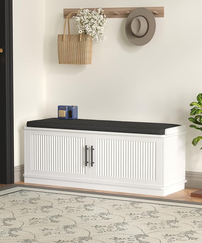 Akxomel Fluted Shoe Storage Bench with Cushion, 39.4" Entryway Bench with Adjustable Shelves and 2 Doors, Shoe Cabinet Bench with Curved Profile, for Hallway, Living Room, Bedroom, White