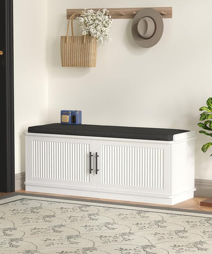 Akxomel Fluted Shoe Storage Bench with Cushion, 39.4" Entryway Bench with Adjustable Shelves and 2 Doors, Shoe Cabinet Bench with Curved Profile, for Hallway, Living Room, Bedroom, White