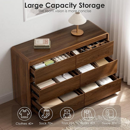 Oransail 6 Drawer Dresser, 47" Wide Walnut Dresser Chest of Drawers, Curved Anti-Collision & Anti-Tipping Design, Mid Century Modern Wooden Dresser for Bedroom, Living Room, TV Stand