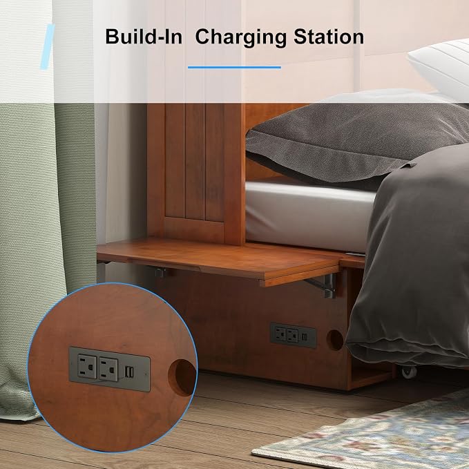 PUREMIND Queen Murphy Bed with Mattress Included, Murphy Cabinet Bed with Storage Drawer, Built-in Charging Station, Solid Wood Frame, Space-Saving Cabinet Beds for Small Spaces/Guest Room (Cherry)