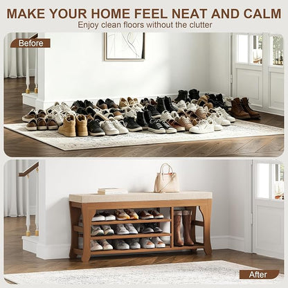 PETKABOO 39.4" Shoe Storage Bench with Cushion, 3-Tier Shoe Rack Bench with Adjustable Shelf, 400 LB Capacity, Boot Storage Compartment, Shoe Organizer for Entryway, Hallway, Bedroom, Closet