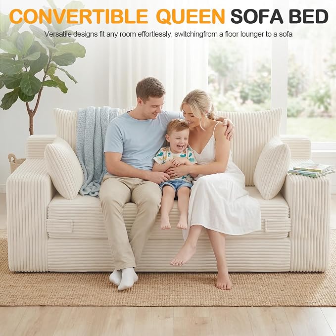 Oversize Loveseat Boneless Convertible Sofa Bed, Folding Floor Futon Sleeper Sofa Queen Size Couch Bed- Boneless Foldable Couch, Corduroy Pull Out Sofa Bed with 5 Pillows for Living Room & Bedroom