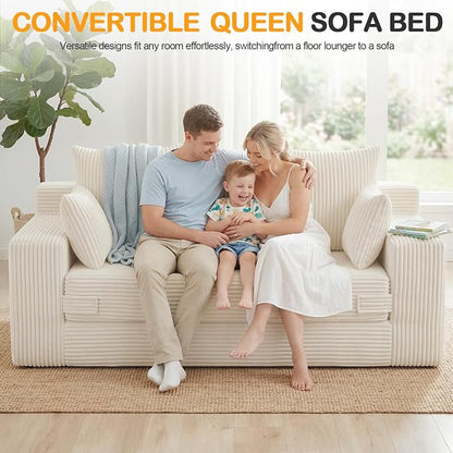 Oversize Loveseat Boneless Convertible Sofa Bed, Folding Floor Futon Sleeper Sofa Queen Size Couch Bed- Boneless Foldable Couch, Corduroy Pull Out Sofa Bed with 5 Pillows for Living Room & Bedroom
