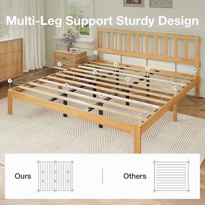 Novilla 12 Inch King Size Bed Frame Solid Wooden King Bed Frame and Headboard, King BedFrames with Classic Headboard, No Box Spring Needed, Easy Assembly, Natural Grain Wood