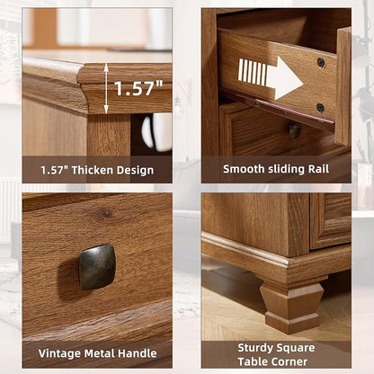 SAVOR LIFE Farmhouse Night Stand Set of 2 with Charging Station, Antique Bedside Table with Open Shelf & Thick Tabletop & Square Wooden Legs, Brown