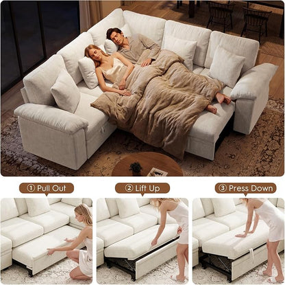 Ihanherry 86" Modular Sectional Sofa with Pull Out Bed, 5-Seater L Shaped Sectional Sleeper Couch with Storage, Chenille Convertible Couches for Living Room, Apartment (Beige)