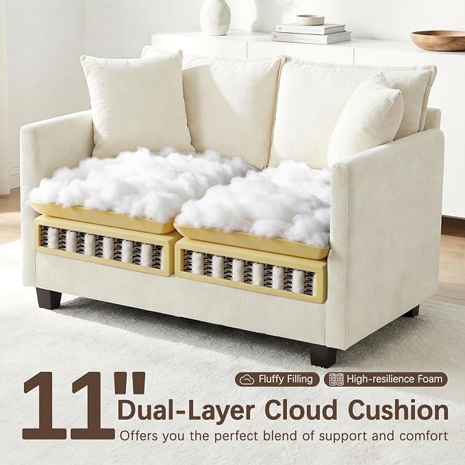 Loveseat Sofa, 52''Modern Cloud Sofa Couch with 27" Deep Seat & 2 Pillows, Comfy Chenille Small Couch for Small Spaces, Apartment, Studio, Bedroom, Living Room (Beige, Loveseat)