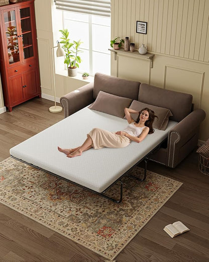 Queen Pull Out Sofa Bed | 83" Large Sleeper Sofa with Queen Size Mattress | 2-in-1 Convertible Loveseat Sofa-Bed with USB Ports Side Pockets Brown