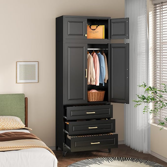 SteeLoong 86" Metal Armoire Wardrobe Closet with 3 Drawers,Tall Clothing Storage Cabinet with Adjustable Shelves and Hanging Rod,Black Wardrobe Closet for Bedroom,Home,Bathroom,Gym