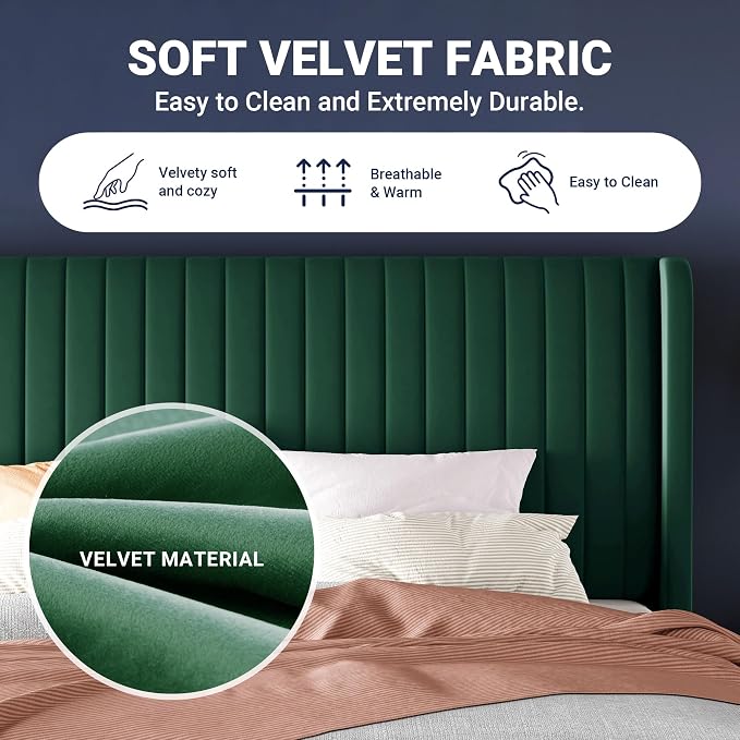 Allewie King Size Bed Frame/Velvet Upholstered Platform Bed/Vertical Channel Tufted Wingback Headboard/Strong Wooden Slats/No Box Spring Needed/Easy Assembly/Green