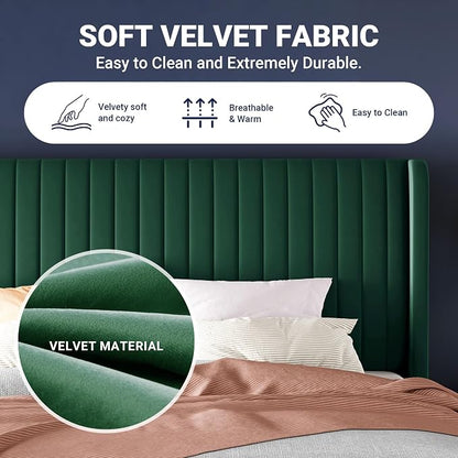 Allewie King Size Bed Frame/Velvet Upholstered Platform Bed/Vertical Channel Tufted Wingback Headboard/Strong Wooden Slats/No Box Spring Needed/Easy Assembly/Green