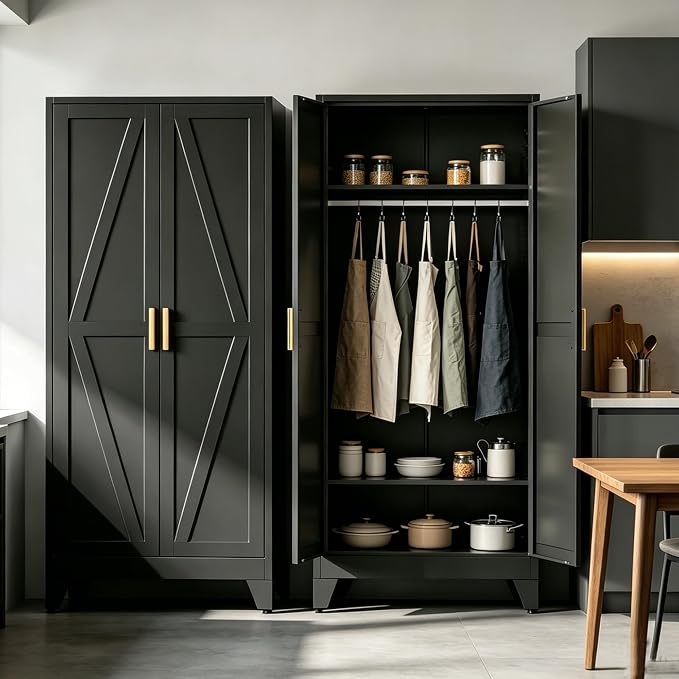 71" H Black Pantry Cabinet,Metal Storage Cabinets with Doors and Shelves,Tall Food Kitchen Cabinets,Farmhouse Kitchen Cabinet,Freestanding Cabinet