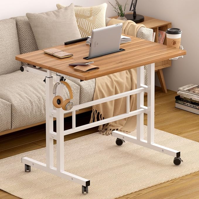 SogesHome 31.5 inch Mobile Standing Desk Adjustable Computer Desk Rolling Laptop Cart Portable Laptop Stand on Wheels Home Office Workstation with Cup Holder,Headphone Holder, Upgrade Oak