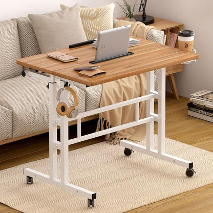 SogesHome 31.5 inch Mobile Standing Desk Adjustable Computer Desk Rolling Laptop Cart Portable Laptop Stand on Wheels Home Office Workstation with Cup Holder,Headphone Holder, Upgrade Oak