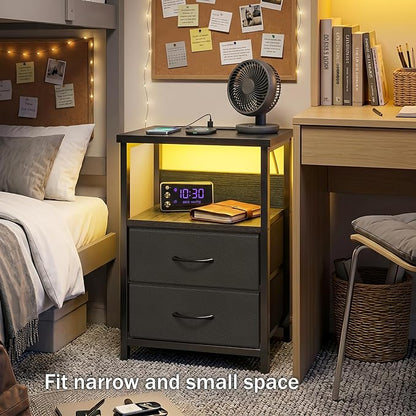 Fixwal Night Stand with Charging Station (2 AC Outlets & 2 U-S-B Ports) LED Nightstand Small Dorm Room Furniture, 2 Fabric Storage Drawers, Bedside Table End Tables Bedroom, Modern Black