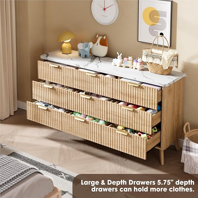 Fluted Dresser for Bedroom with 9 Deep Drawers, 60.6" Wide Modern Chest of Drawer with Faux Marble Top, Wooden Dresser TV Stand, Curved Profile Design, for Living Room, Kids Room, Hallway, Natural Oak
