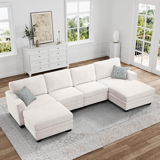 Legend Vansen Oversized Modular Sectional Sofa,6 Seat U Shaped Couch with Ottoman,Corduroy Sofa with Deep Seat,Convertible Large Sectional Couches for Living Room(Cream, U-6)