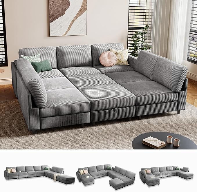 KKL Modular Sectional Sofa Bed - Sofabed with Storage Ottoman, Convertible L/U-Shaped Sleeper Couch for Living Room, Modern Reversible Design, Grey