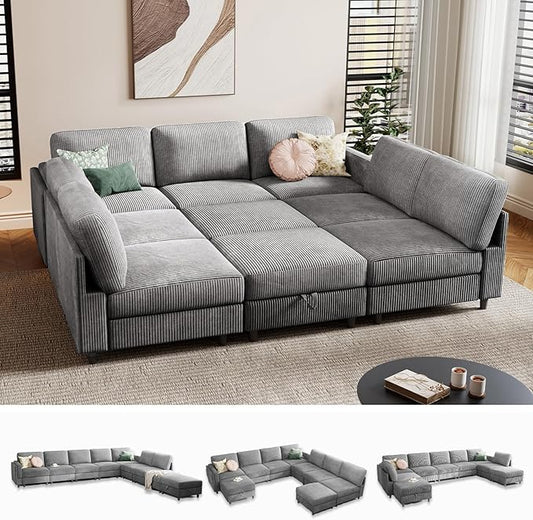 KKL Modular Sectional Sofa Bed - Sofabed with Storage Ottoman, Convertible L/U-Shaped Sleeper Couch for Living Room, Modern Reversible Design, Grey